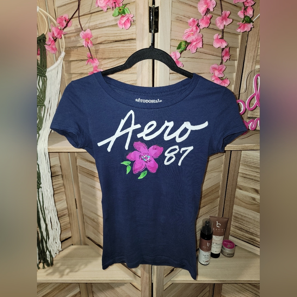 New ♡ Fitted Aeropostale Navy Blue Graphic Top | Size XS